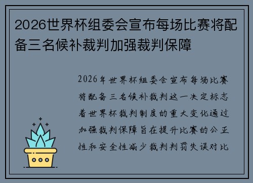 2026世界杯组委会宣布每场比赛将配备三名候补裁判加强裁判保障